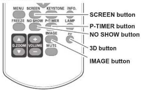 MENU SCREEN KEYSTONE INFO. FREEZE NO SHOW P-TIMER LAMP SCREEN button P-TIMER button NO SHOW button IMAGE 3D button D.ZOOM VOLUME MUTE IMAGE button