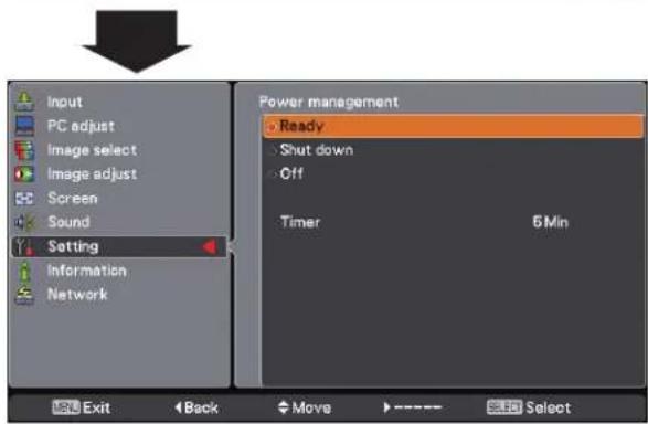 Input PC adjust Image select Image adjust Screen Sound Setting Information Network Power management Ready Shut down Off Timer 6Min Exit Back Move Select