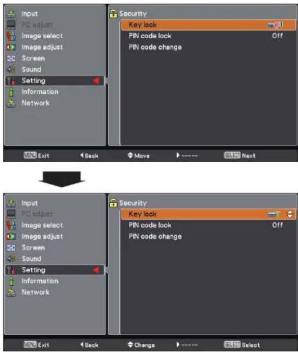 Input PC adjust Image select Image adjust Screen Sound Setting Information Network Security Key lock PIN code lock OFF PIN code change Exit Back Move Next Input PC adjust Image select Image adjust Screen Sound Setting Information Network Security Key lock PIN code lock OFF PIN code change Exit Back Change Select