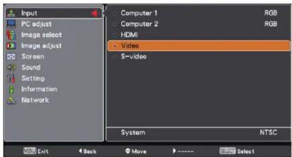 Input PC adjust Image select Image adjust Screen Sound Setting Information Network Computer 1 Computer 2 HDMI Video S-video System NTSC RGB RGB System Exit Back Move Select