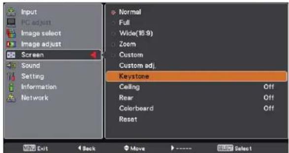Input PC adjust Image select Image adjust Screen Sound Setting Information Network Normal Full Wide(16.9) Zoom Custom Custom adj. Keystone Ceiling Off Rear Off Colorboard Off Reset Exit Back Move Select