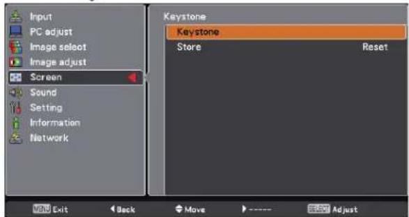 Input PC adjust Image select Image adjust Screen Sound Setting Information Network Keystone Keystone Store Reset VND Exit Back Move 5.00 Adjust