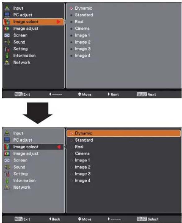 Input PC adjust Image select Image adjust Screen Sound Setting Information Network Dynamic Standard Real Cinema Image 1 Image 2 Image 3 Image 4 Exit Move Next Next Input PC adjust Image select Image adjust Screen Sound Setting Information Network Dynamic Standard Real Cinema Image 1 Image 2 Image 3 Image 4 Exit Back Move Select