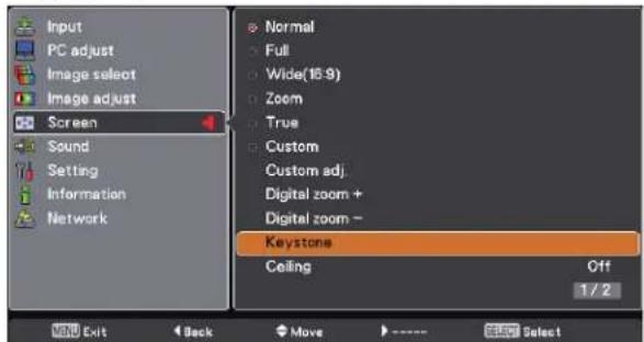 Input PC adjust Image select Image adjust Screen Sound Setting Information Network Normal Full Wide(16.9) Zoom True Custom Custom adj. Digital zoom + Digital zoom - Keystone Ceiling Off 1 / 2 Exit Back Move Select