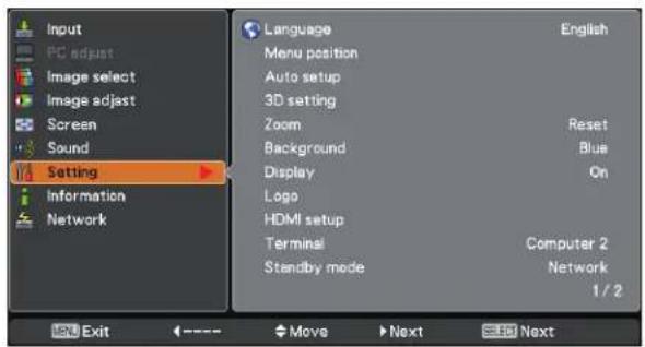 Input PC adjust Image select Image adjust Screen Sound Setting Information Network Language Menu position Auto setup 3D setting Zoom Background Display Logo HDMI setup Terminal Standby mode English Reset Blue On Computer 2 Network 1/2 Exit Move Next Next