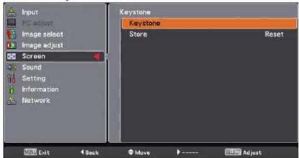 Input PC adjust Image select Image adjust Screen Sound Setting Information Network Keystone Keystone Store Reset NEW Exit Back Move ---- SET Adjust