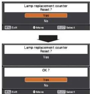 Lamp replacement counter Reset ? Yes No OK Exit Move Select Lamp replacement counter Reset ? Yes OK ? Yes No OK Exit Move Select