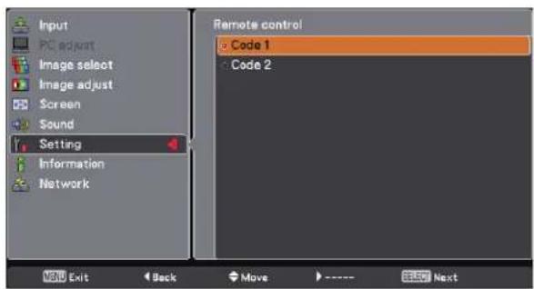 Input PC adjust Image select Image adjust Screen Sound Setting Information Network Remote control Code 1 Code 2 Exit Back Move Next