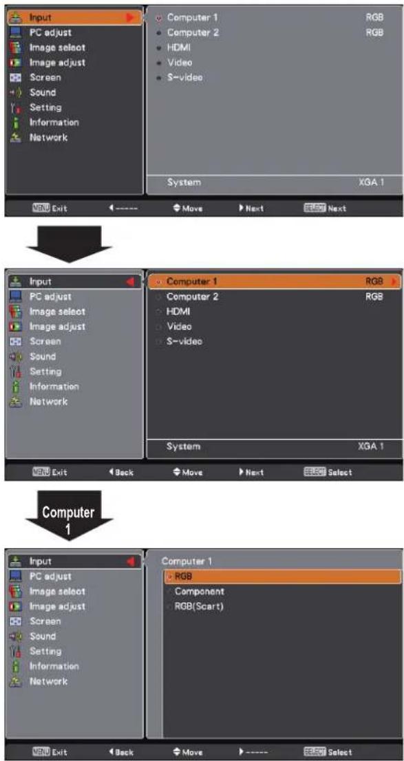 Input PC adjust Image select Image adjust Screen Sound Setting Information Network Computer 1 RGB Computer 2 RGB HDMI Video S-video System XGA 1 VNU Exit Move Next Next Input PC adjust Image select Image adjust Screen Sound Setting Information Network Computer 1 RGB Computer 2 RGB HDMI Video S-video System XGA 1 VNU Exit Back Move Next Select Computer 1 Input PC adjust Image select Image adjust Screen Sound Setting Information Network Computer 1 RGB Component RGB(Scart) VNU Exit Back Move Next Select