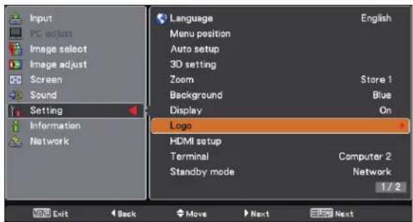 Input PC adjust Image select Image adjust Screen Sound Setting Information Network Language Menu position Auto setup 3D setting Zoom Store 1 Background Blue Display On Logo HDMI setup Terminal Computer 2 Standby mode Network 1 / 2 Exit Back Move Next Next
