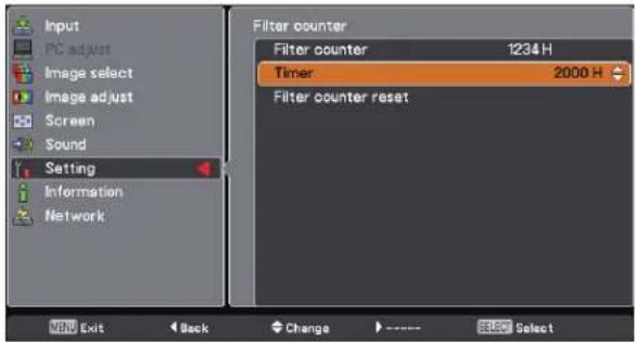 Input PC adjust Image select Image adjust Screen Sound Setting Information Network Filter counter Filter counter 1234 H Timer 2000 H Filter counter reset WIN Exit Back Change ▶ ---- SBC Select