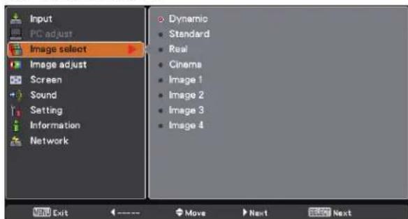 Input PC adjust Image select Image adjust Screen Sound Setting Information Network Dynamic Standard Real Cinema Image 1 Image 2 Image 3 Image 4 NEW Exit <---- Move Next Cancel Next