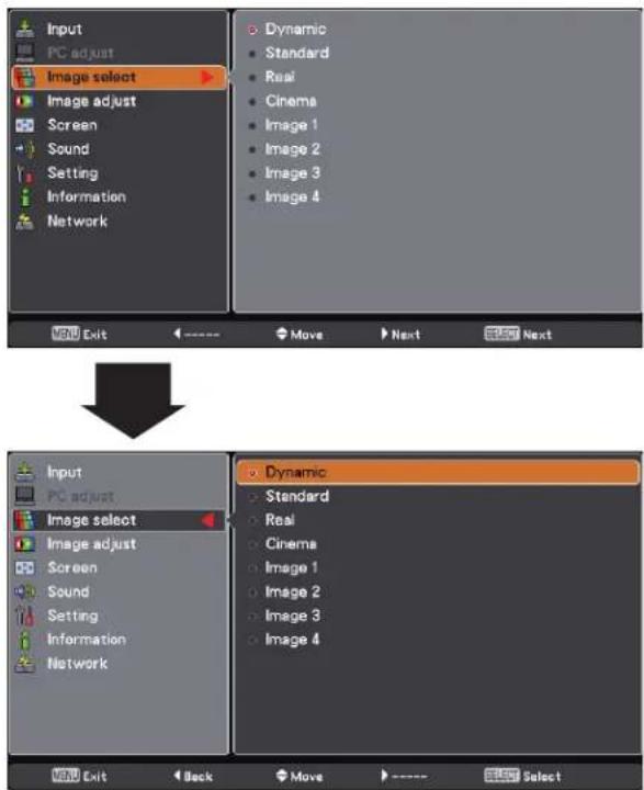 Input PC adjust Image select Image adjust Screen Sound Setting Information Network Dynamic Standard Real Cinema Image 1 Image 2 Image 3 Image 4 Exit Move Next Next Input PC adjust Image select Image adjust Screen Sound Setting Information Network Dynamic Standard Real Cinema Image 1 Image 2 Image 3 Image 4 Exit Back Move Select