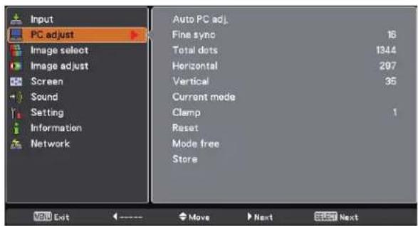 Input PC adjust Image select Image adjust Screen Sound Setting Information Network Auto PC adj. Fine sync 16 Total dots 1344 Horizontal 297 Vertical 35 Current mode Clamp 1 Reset Mode free Store NEW Exit <---- Move Next SLEET Next