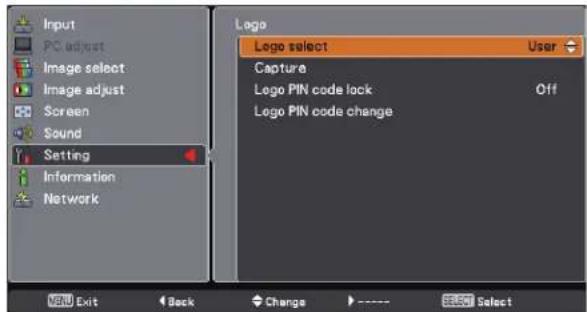 Input PC adjust Image select Image adjust Screen Sound Setting Information Network Logo Logo select User Capture Logo PIN code lock Off Logo PIN code change Menu Exit Back Change Select