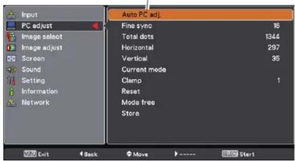 Input PC adjust Image select Image adjust Screen Sound Setting Information Network Auto PC adj. Fine sync 16 Total dots 1344 Horizontal 297 Vertical 35 Current mode Clamp 1 Reset Mode free Store MEN Exit Back Move Enter Start
