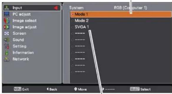 Input PC adjust Image select Image adjust Screen Sound Setting Information Network System Mode 1 Mode 2 SVGA 1 ----. ----. ----. ----. ----. ----. ----. ----. RGB (Computer 1) MENU Exit Back Move ---- 8:57 Select