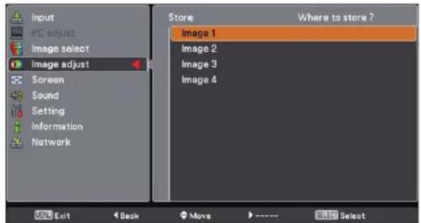 Input PC adjust Image select Image adjust Screen Sound Setting Information Network Store Where to store ? Image 1 Image 2 Image 3 Image 4 Exit Back Move Select