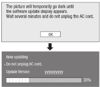 The picture will temporarily go dark until the software update display appears. Wait several minutes and do not unplug the AC cord. OK Now updating • Do not unplug AC cord. Update Version yyyyyyyyyyyy 30%