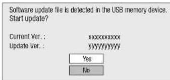 Software update file is detected in the USB memory device. Start update? Current Ver. :XXXXXXXXXXXX Update Ver. :YYYYYYYY Yes No