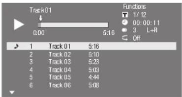 Track01 0:00 5:16 Functions T 1/12 ● 00:00:11 ● 3 L+R ○ Off 1 Track 01 5:16 2 Track 02 5:10 3 Track 03 5:23 4 Track 04 5:09 5 Track 05 4:44 6 Track 06 5:08