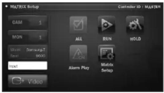 MATRIX Setup CAM 1 MON 1 Mode Samsung-T Band 8600 Input Video ALL RUN HOLD Alarm Play Matrix Setup Controller ID : MASTER