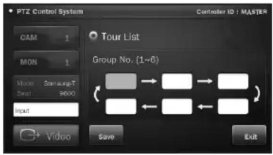 PTZ Control System Controller ID : MASTER CAM 1 MON 1 Mode Samsung-T Brand B6000 Input Tour List Group No. (1~6) Save Exit