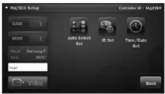 MATRIX Setup Controller ID : MASTER GAM 1 MON 1 Music Samsung-T Serial 9000 Input Video Auto Select Set ID Set Time/Date Set Back