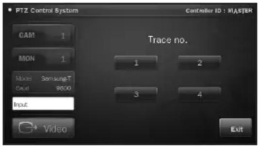 PTZ Control System Controller ID : MASTER CAM 1 MON 1 Mode Samsung-T Caul 8600 Input Trace no. 1 2 3 4 Video Exit