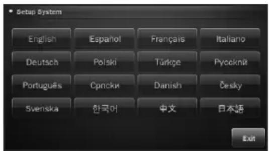 Setup System English Español Français Italiano Deutsch Polski Türkçe Ryckni Português Cpncki Danish Česky Svenska 한국어 中文 日本語 Exit