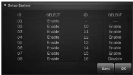 Setup System ID. SELECT ID. SELECT 01 Enable - 02 Enable 10 Enable 03 Enable 11 Enable 04 Enable 12 Enable 05 Enable 13 Enable 06 Enable 14 Enable 07 Enable 15 Enable 08 Enable 16 Disable Save OK