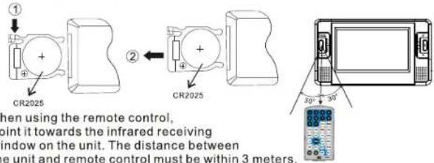 ① CR2025 ② CR2025 when using the remote control, point it towards the infrared receiving window on the unit. The distance between the unit and remote control must be within 3 meters. 30° 30°