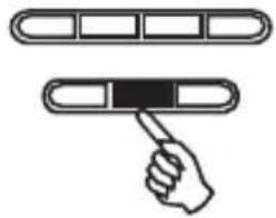 Simple line drawing of a hand pointing at a rectangular object with a black handle (no text or symbols)
