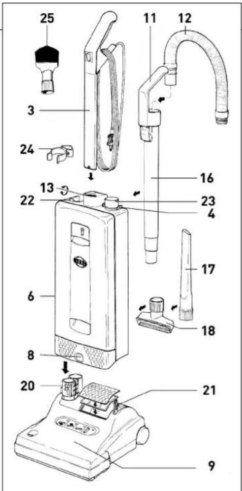 Technical diagram of a portable vacuum cleaner with numbered parts for identification