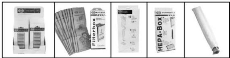 Product catalog image showing five different packaging items: battery pack, filter box, paper filter, HEPA BOX, and rolled paper.