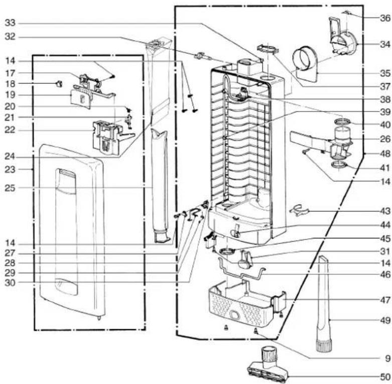 Exploded view diagram of a refrigerator internal components with numbered labels