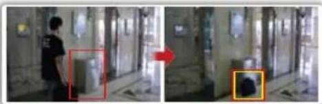 Interior hallway scene with a person standing and a red arrow pointing to a doorway; two close-ups of a person inside show the interior (no visible text or symbols)