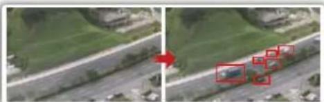 Side-by-side aerial photos showing a road with a vehicle and a red arrow pointing to a green area (no visible text or symbols)