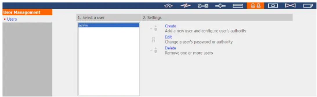 User Management • Users 1. Select a user admin 2. Settings Create Add a new user and configure user's authority Edit Change a user's password or authority Delete Remove one or more users