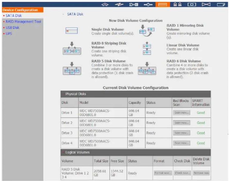 Device Configuration • SATA Disk • RAID Management Tool • USB Disk • UPS SATA Disk New Disk Volume Configuration Single Disk Volume Create single disk volume(s). RAID 0 Striping Disk Volume Create one striping disk volume. RAID 5 Disk Volume Combine 3 or more disks to create a disk volume with data…