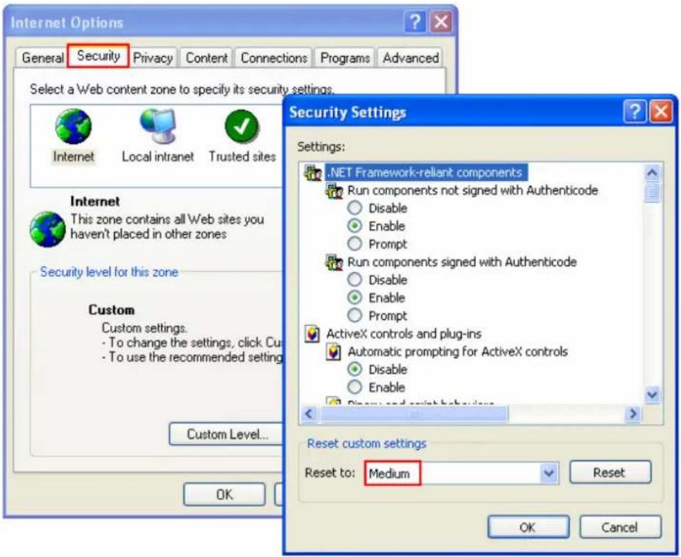 Internet Options General Security Privacy Content Connections Programs Advanced Select a Web content zone to specify its security settings. Internet Local intranet Trusted sites Internet This zone contains all Web sites you haven't placed in other zones Security level for this zone Custom Custom set…