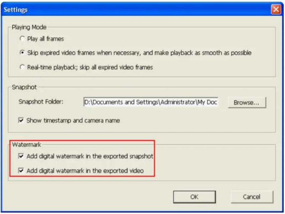 Settings Playing Mode ○ Play all frames ○ Skip expired video frames when necessary, and make playback as smooth as possible ○ Real-time playback; skip all expired video frames Snapshot Snapshot Folder: D:\Documents and Settings\Administrator\My Doc Browse... ✓ Show timestamp and camera name Watermar…