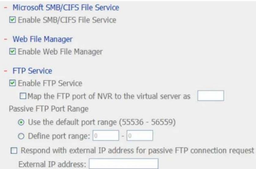 Microsoft SMB/CIFS File Service Enable SMB/CIFS File Service Web File Manager Enable Web File Manager FTP Service Enable FTP Service Map the FTP port of NVR to the virtual server as Passive FTP Port Range Use the default port range (55536 - 56559) Define port range: 0 - 0 Respond with external IP ad…
