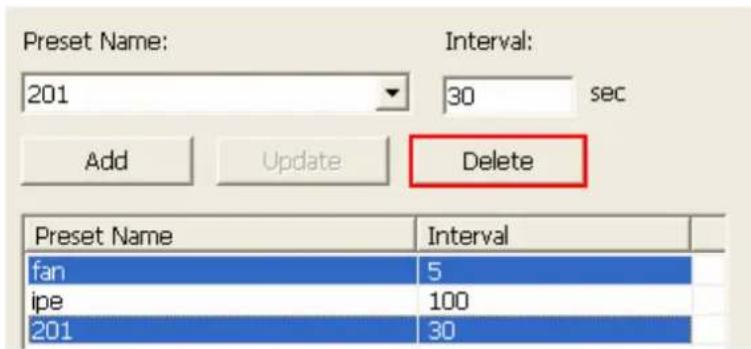 Preset Name: Interval: 201 30 sec Add Update Delete Preset Name Interval fan 5 ipe 100 201 30