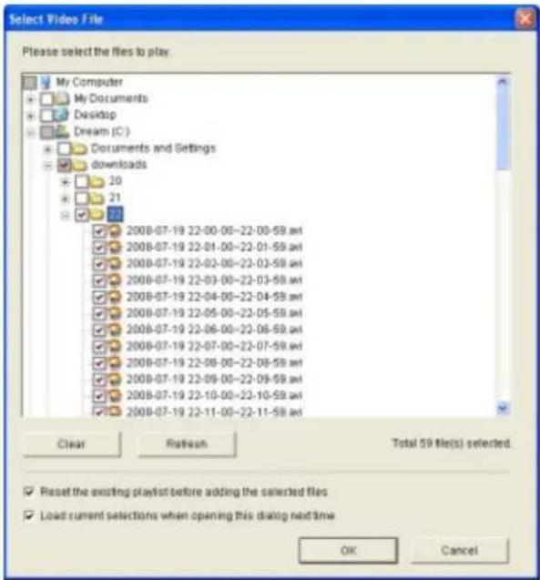 Select Video File Please select the files to play My Computer My Documents Desktop Dream (C:) Documents and Settings downloads 20 21 2008-07-19 22-00-00-22-00-59.avi 2008-07-19 22-01-00-22-01-59.avi 2008-07-19 22-02-00-22-03-59.avi 2008-07-19 22-03-00-22-03-59.avi 2008-07-19 22-04-00-22-04-59.avi 20…