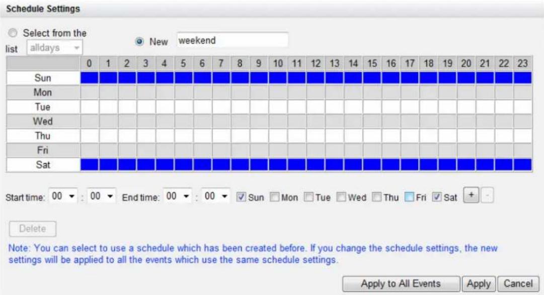 Schedule Settings Select from the list alldays New weekend 0 1 2 3 4 5 6 7 8 9 10 11 12 13 14 15 16 17 18 19 20 21 22 23 Sun Mon Tue Wed Thu Fri Sat Start time: 00 : 00 End time: 00 : 00 Sun Mon Tue Wed Thu Fri Sat + Delete Note: You can select to use a schedule which has been created before. If you…