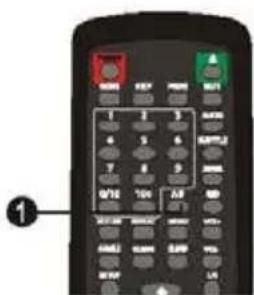 Close-up of a remote control panel with labeled buttons and numeric keypad