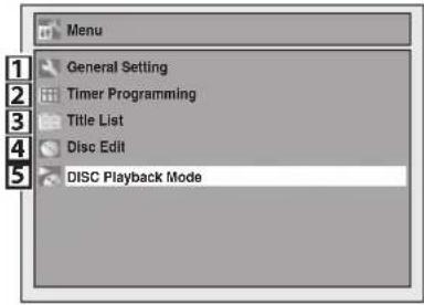 Menu General Setting Timer Programming Title List Disc Edit DISC Playback Mode