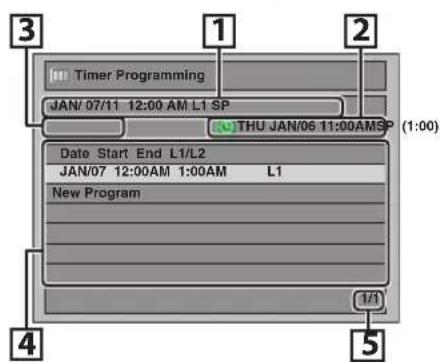 Timer Programming JAN/07/11 12:00 AM L1 SP THU JAN/06 11:00AM SP (1:00) Date Start End L1/L2 JAN/07 12:00AM 1:00AM L1 New Program 1/1 4 5 3 1 2