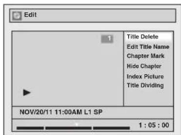 Edit 1 Title Delete Edit Title Name Chapter Mark Hide Chapter Index Picture Title Dividing NOV/20/11 11:00AM L1 SP 1 : 05 : 00